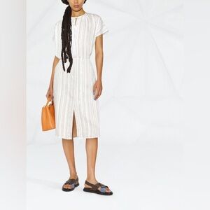 VINCE DRAPEY STRIPED SHIRRED DRESS SIZE XS IN WHITE AND BLUE